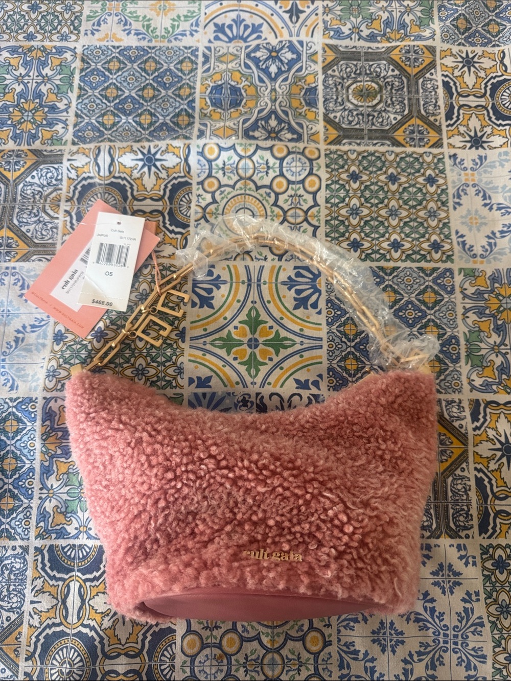 cult gaia dusty pink shearling mini bag with gold hardware